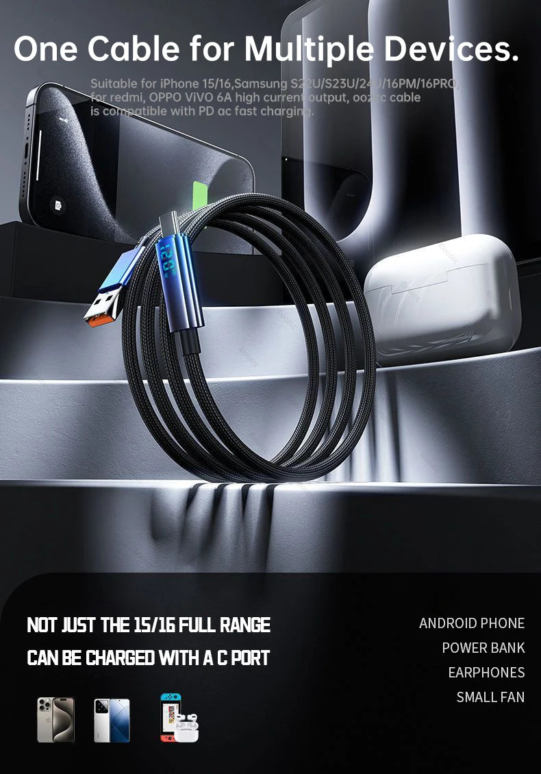 OOZCC Ultra-fast Super Charging Cable 120W LCD Watt Digital Display, Nylon Data Sync, for Samsung, Xiaomi, POCO, Tesla