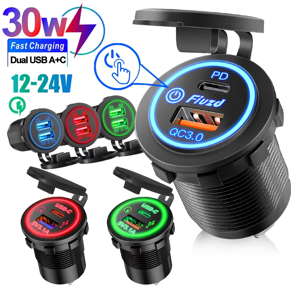 Built-in usb car usb outlet 3.0 socket 12V/24V Dual USB Socket PD3.0 and QC3.0 Car USB Port With LED Voltmeter and On/Off Switch