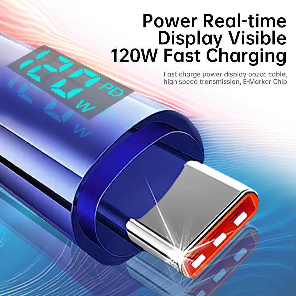 OOZCC Ultra-fast Super Charging Cable 120W LCD Watt Digital Display, Nylon Data Sync, for Samsung, Xiaomi, POCO, Tesla