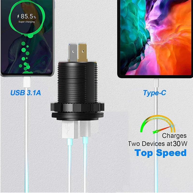 Built-in usb car usb outlet 3.0 socket 12V/24V Dual USB Socket PD3.0 and QC3.0 Car USB Port With LED Voltmeter and On/Off Switch