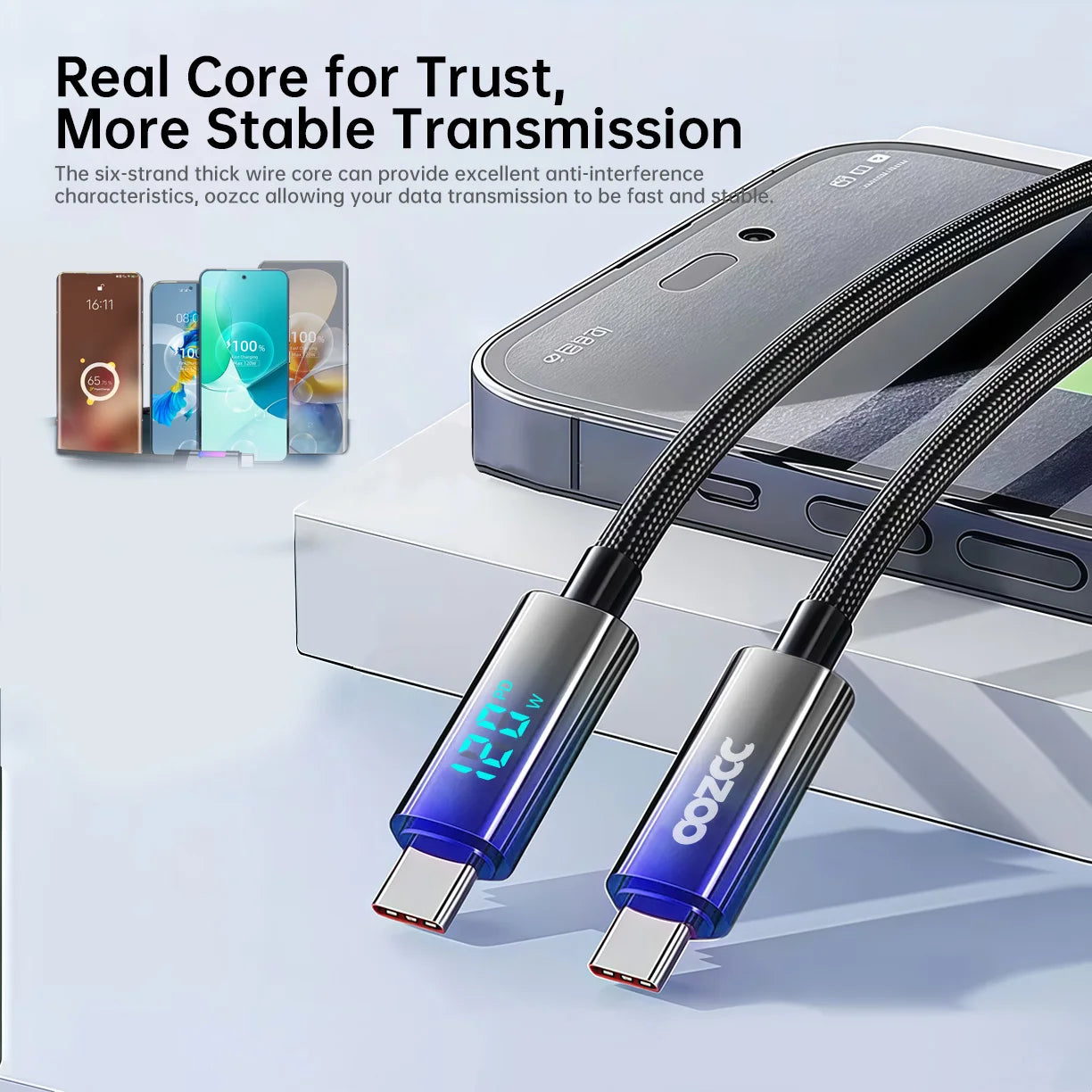 OOZCC Ultra-fast Super Charging Cable 120W LCD Watt Digital Display, Nylon Data Sync, for Samsung, Xiaomi, POCO, Tesla