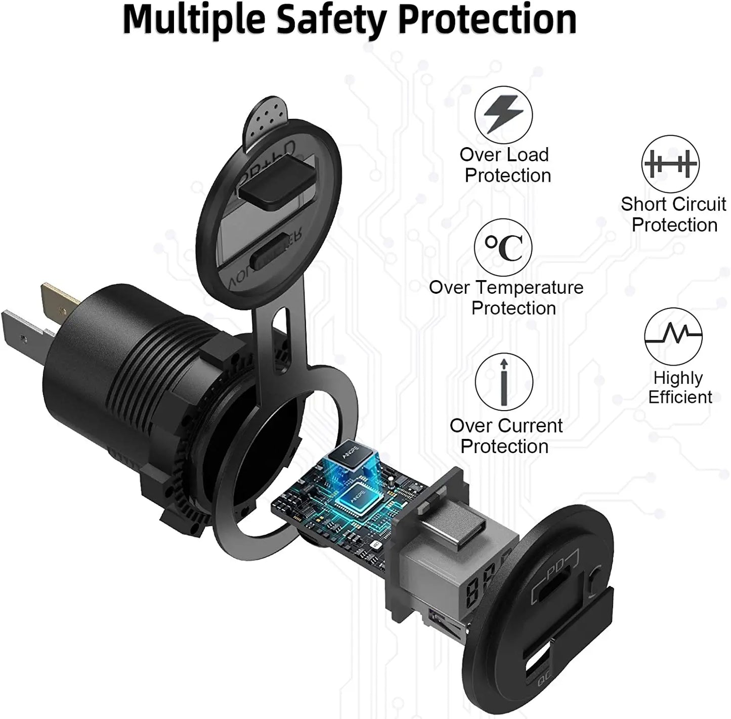 USB C Car Charger Socket 12V/24V Dual USB Socket PD3.0 and QC3.0 Car USB Port With LED Voltmeter and On/Off Switch
