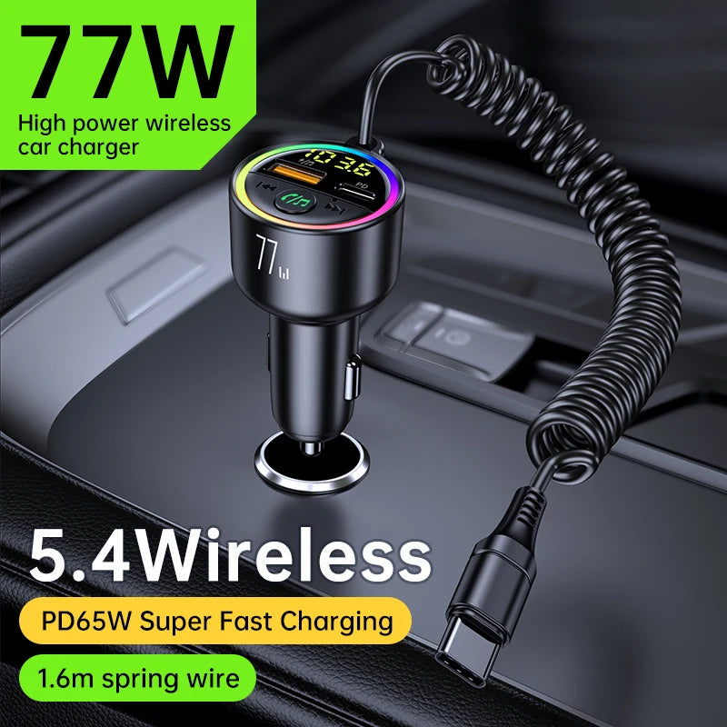 USB C 77W Car Charger Super Fast Charging Bluetooth 5.4 Car Adapter FM Transmitter for Car Support USB Play