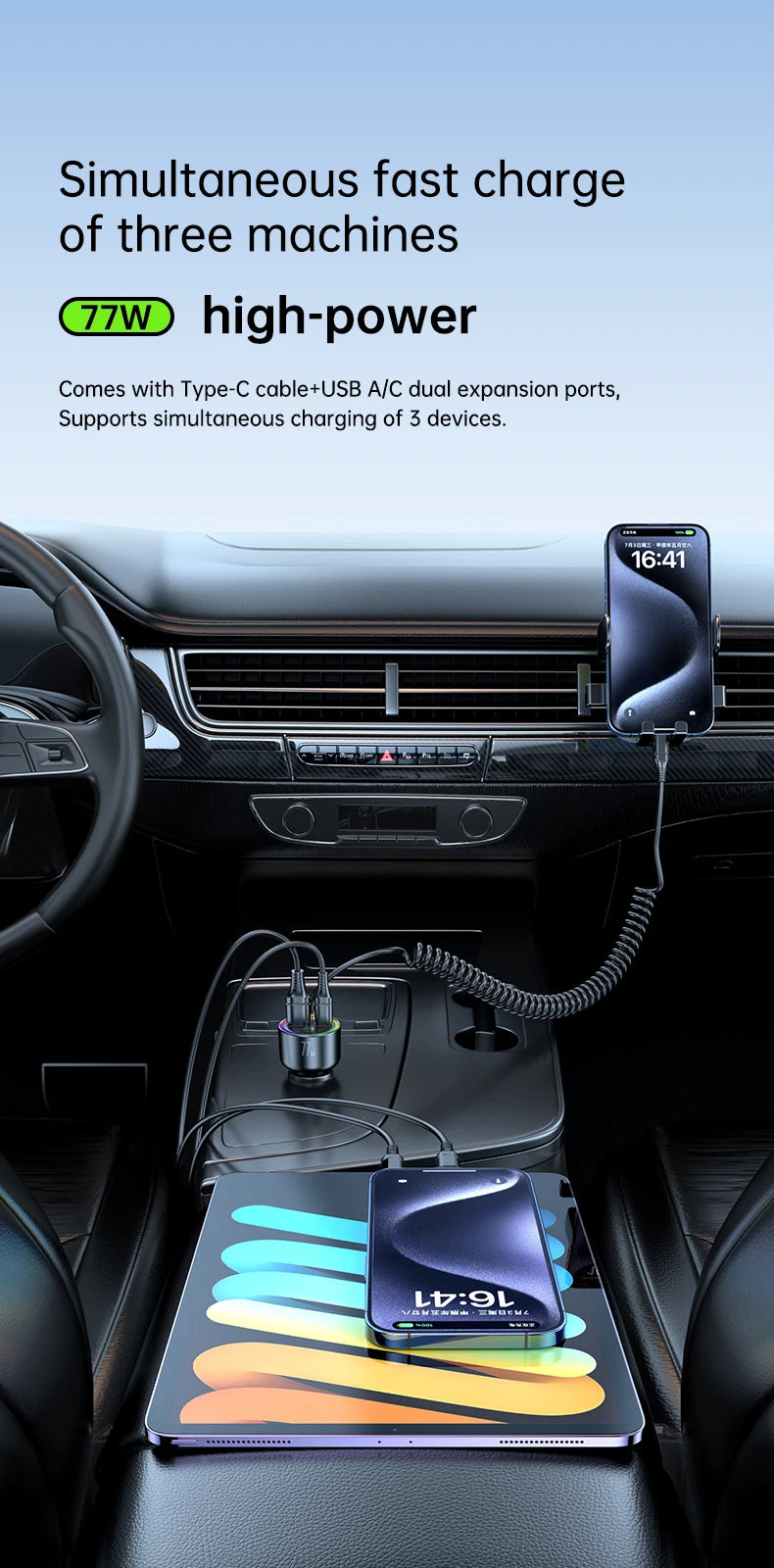 USB C 77W Car Charger Super Fast Charging Bluetooth 5.4 Car Adapter FM Transmitter for Car Support USB Play
