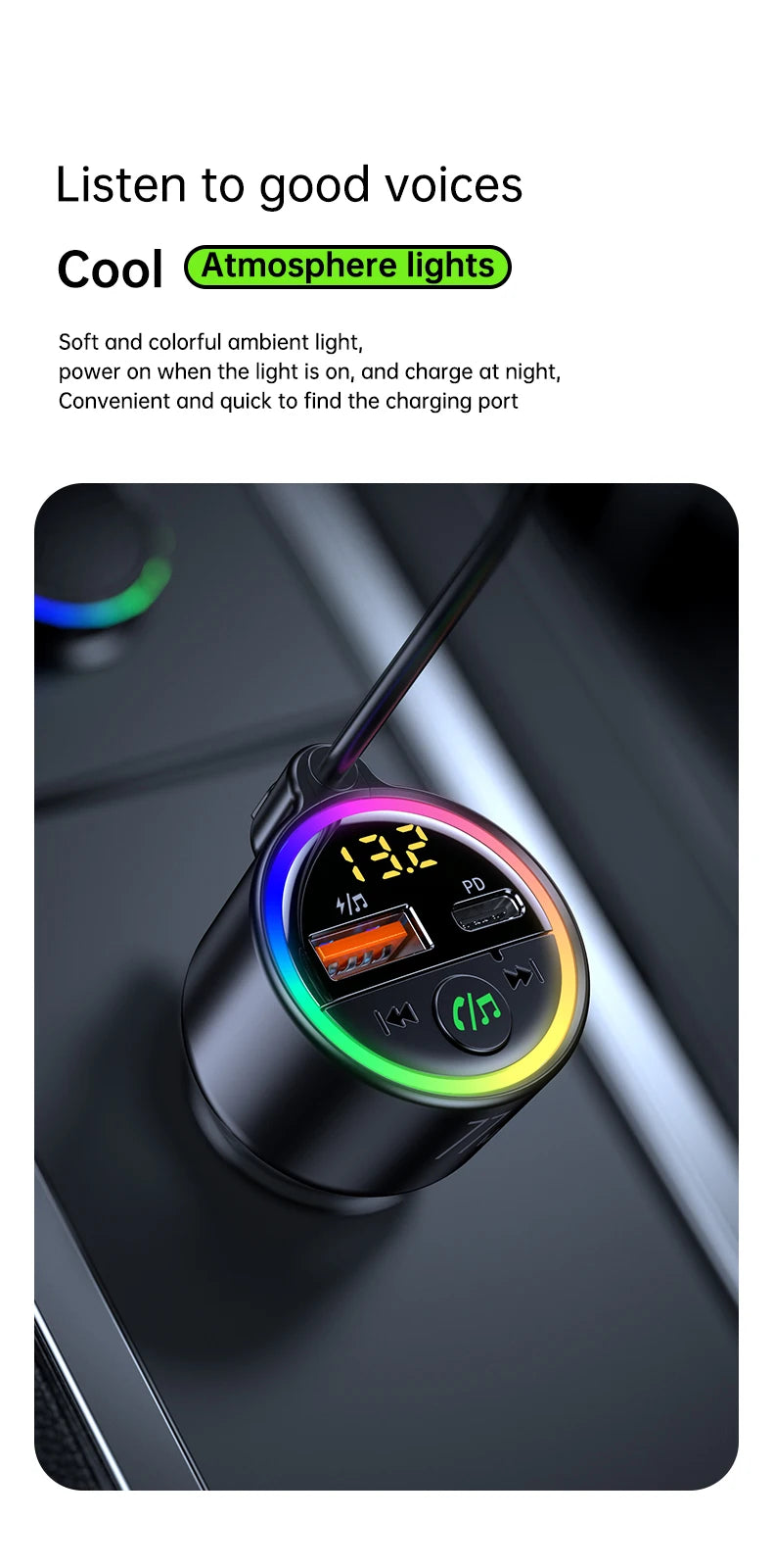 USB C 77W Car Charger Super Fast Charging Bluetooth 5.4 Car Adapter FM Transmitter for Car Support USB Play