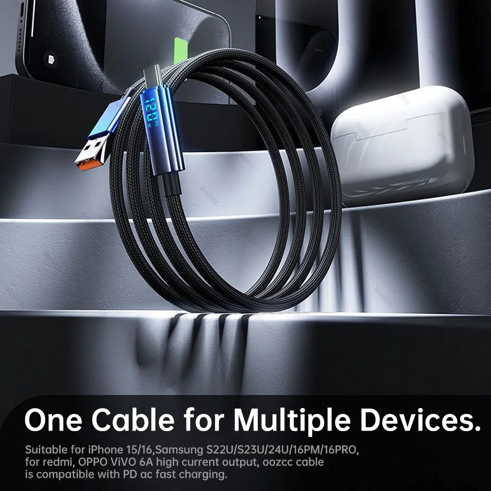 OOZCC Ultra-fast Super Charging Cable 120W LCD Watt Digital Display, Nylon Data Sync, for Samsung, Xiaomi, POCO, Tesla
