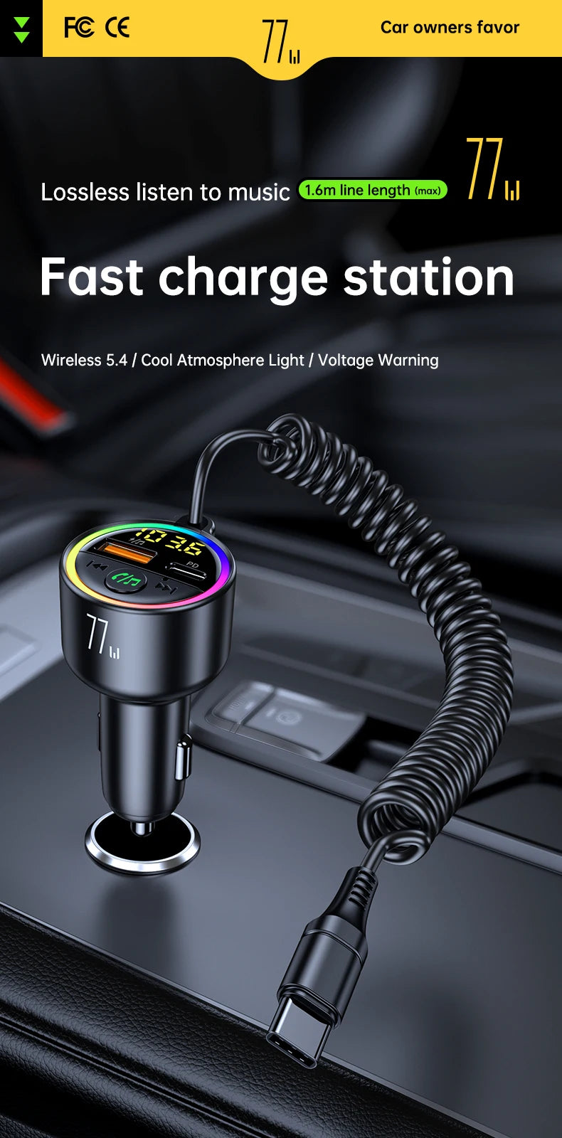 USB C 77W Car Charger Super Fast Charging Bluetooth 5.4 Car Adapter FM Transmitter for Car Support USB Play