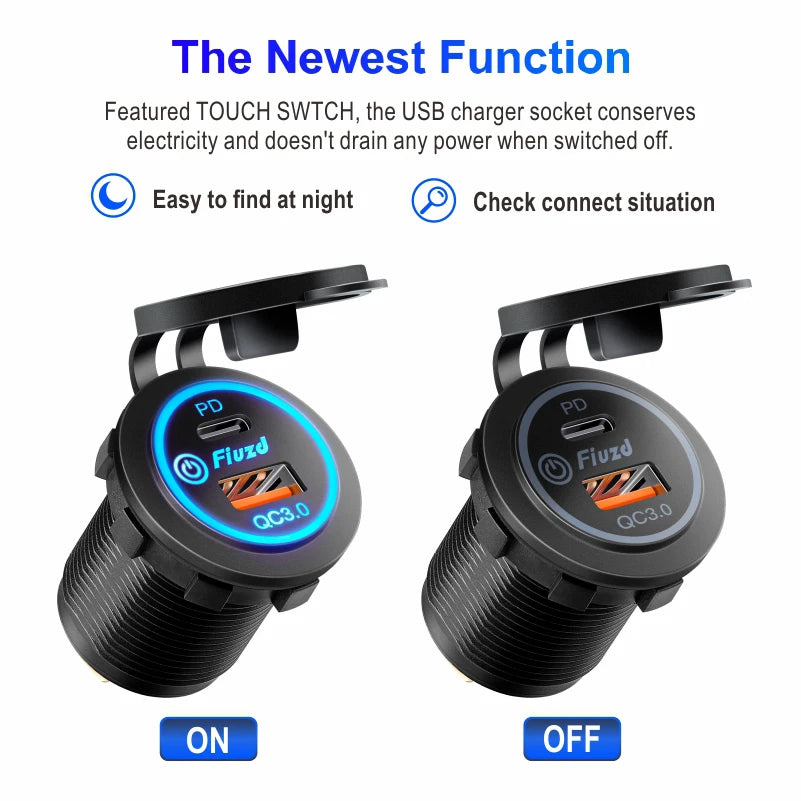 Built-in usb car usb outlet 3.0 socket 12V/24V Dual USB Socket PD3.0 and QC3.0 Car USB Port With LED Voltmeter and On/Off Switch