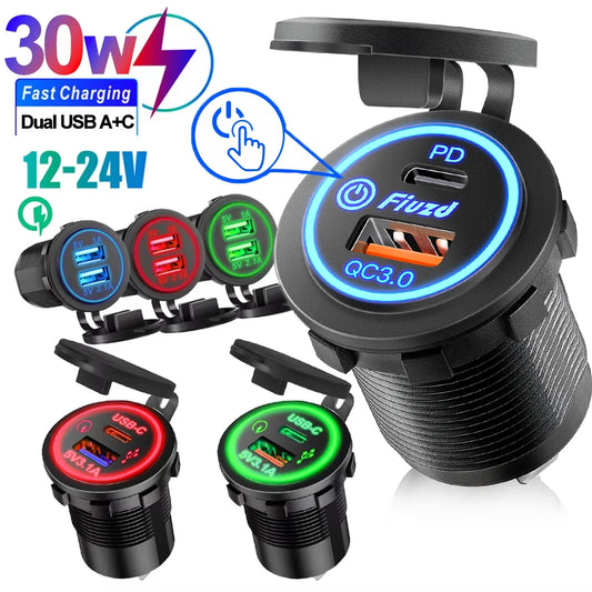 Built-in usb car usb outlet 3.0 socket 12V/24V Dual USB Socket PD3.0 and QC3.0 Car USB Port With LED Voltmeter and On/Off Switch