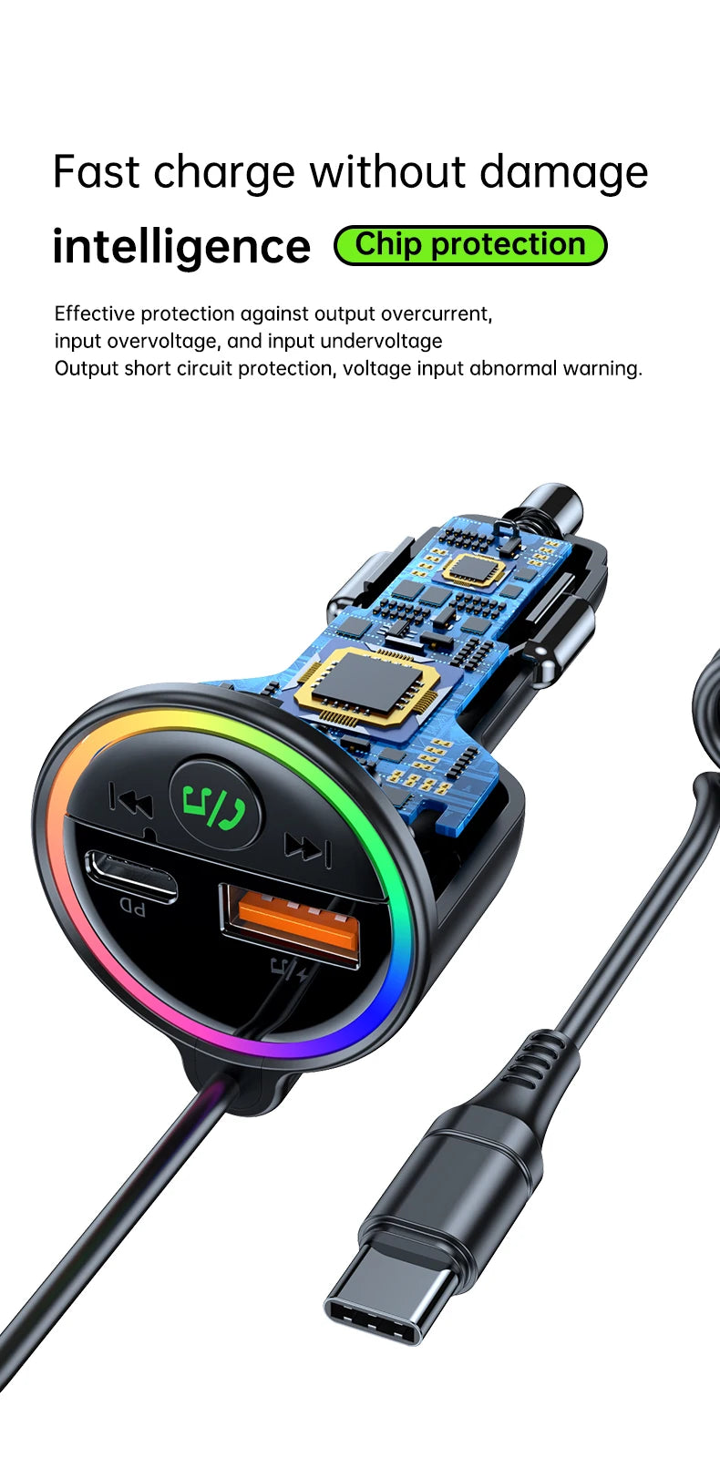 USB C 77W  Car Charger Super Fast Charging Bluetooth 5.4 Car Adapter  FM Transmitter for Car Support USB Play