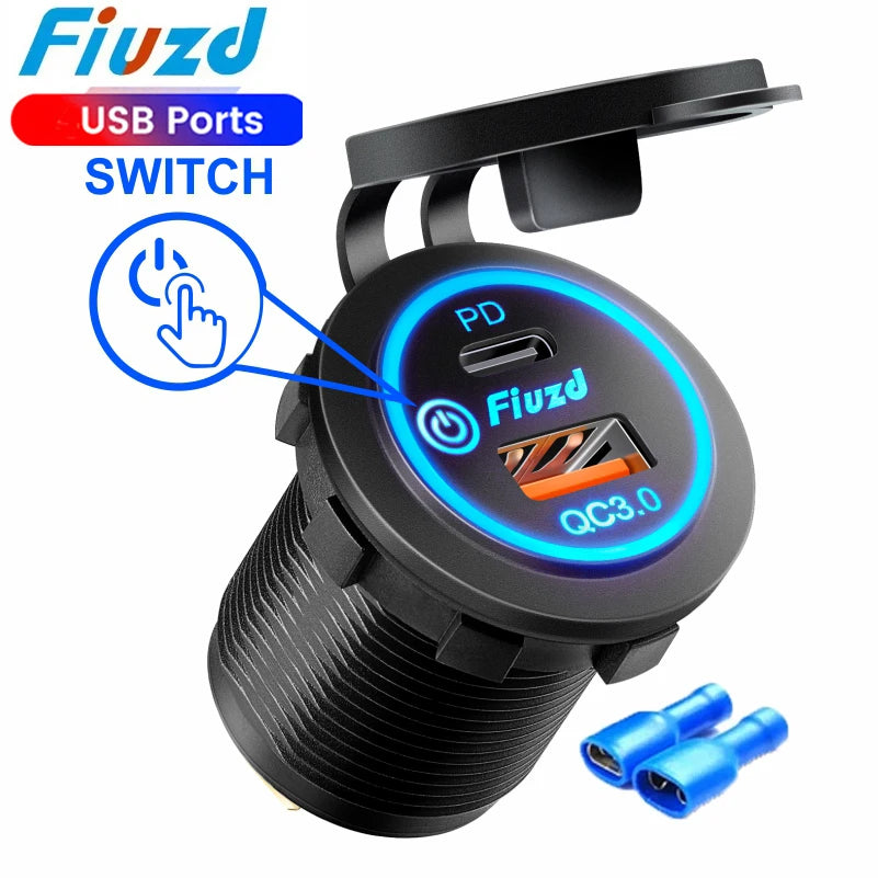 Built-in usb car usb outlet 3.0 socket 12V/24V Dual USB Socket PD3.0 and QC3.0 Car USB Port With LED Voltmeter and On/Off Switch