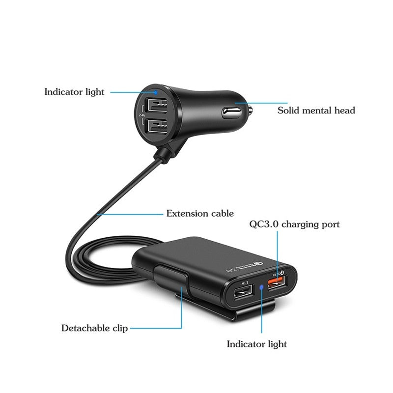Universal 4 Ports USB Car Charger Front Seat Back Seat QC3.0 Quick Charging USB Adapter for Car Charger USB Fast Charger