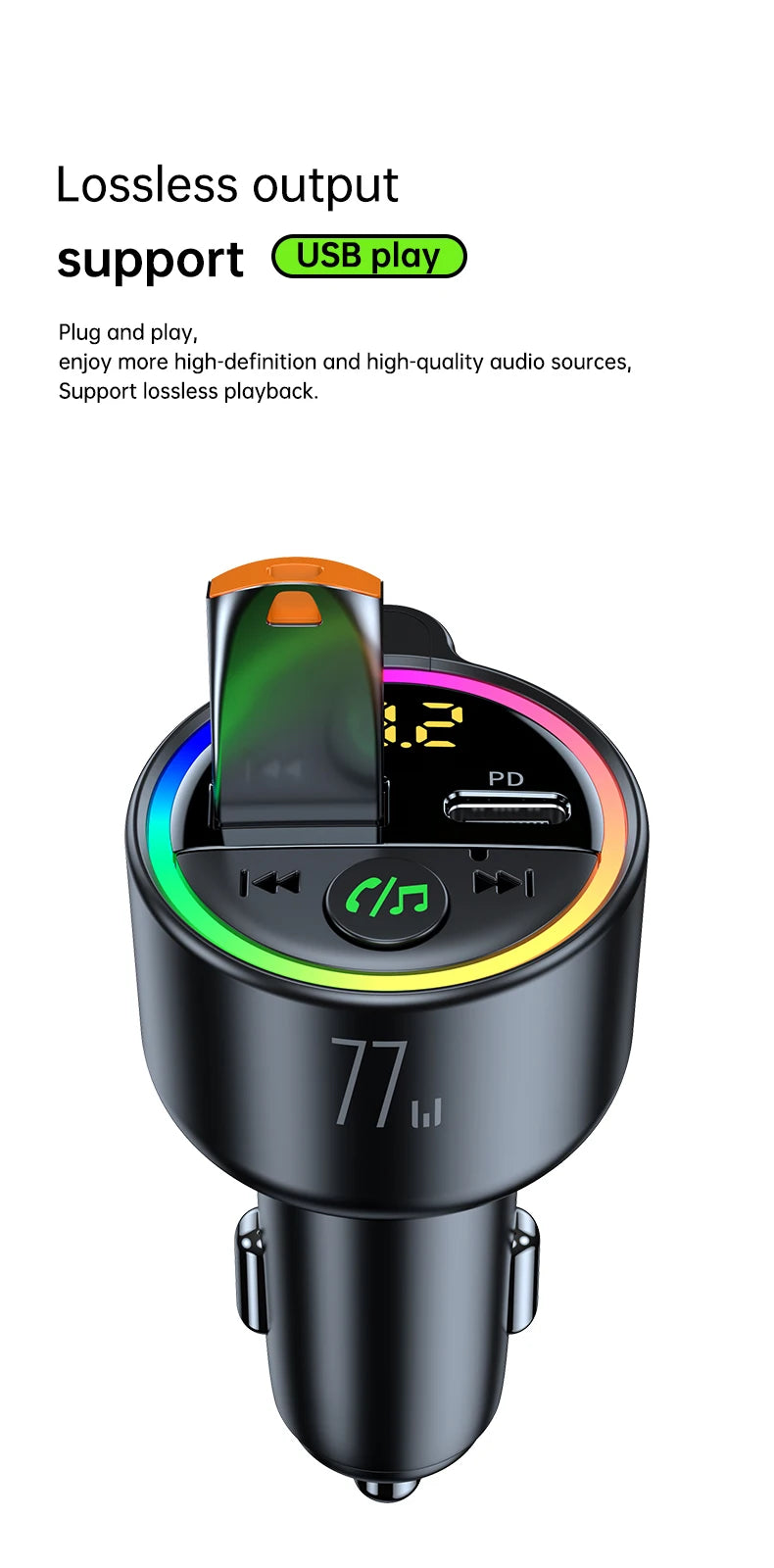 USB C 77W  Car Charger Super Fast Charging Bluetooth 5.4 Car Adapter  FM Transmitter for Car Support USB Play