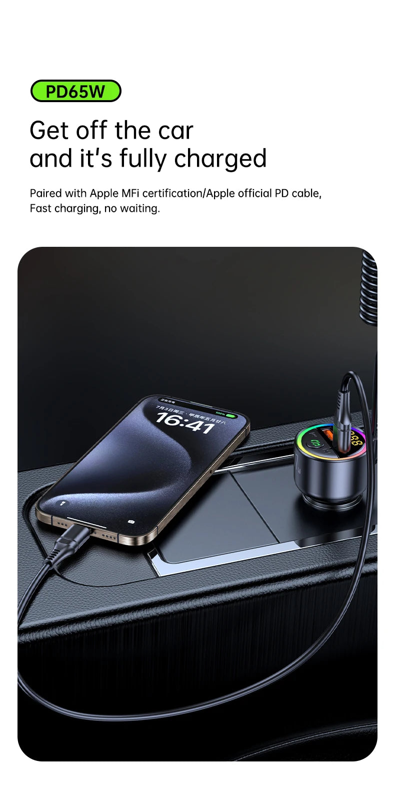 USB C 77W  Car Charger Super Fast Charging Bluetooth 5.4 Car Adapter  FM Transmitter for Car Support USB Play