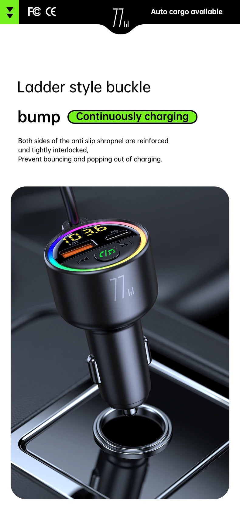 USB C 77W  Car Charger Super Fast Charging Bluetooth 5.4 Car Adapter  FM Transmitter for Car Support USB Play