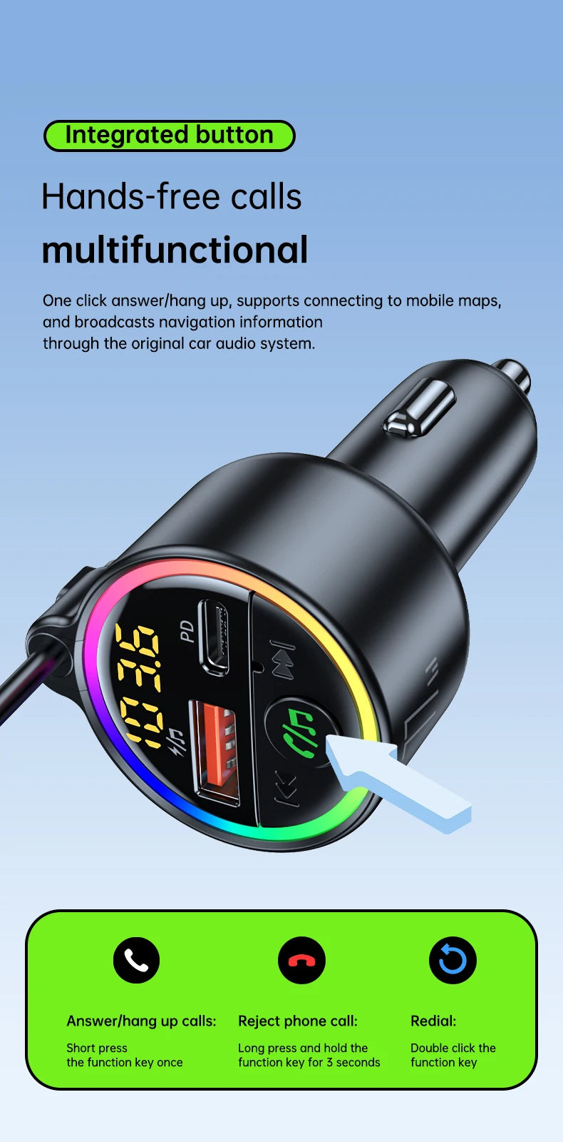 USB C 77W  Car Charger Super Fast Charging Bluetooth 5.4 Car Adapter  FM Transmitter for Car Support USB Play