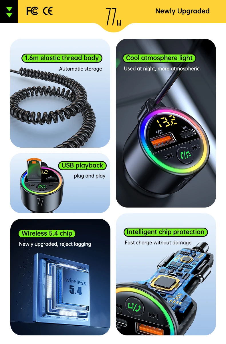 USB C 77W  Car Charger Super Fast Charging Bluetooth 5.4 Car Adapter  FM Transmitter for Car Support USB Play