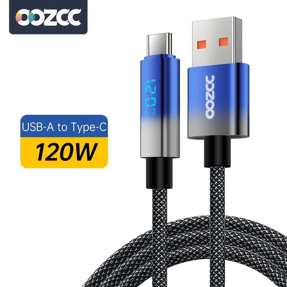 OOZCC Ultra-fast Super Charging Cable 120W LCD Watt Digital Display, Nylon Data Sync, for Samsung, Xiaomi, POCO, Tesla
