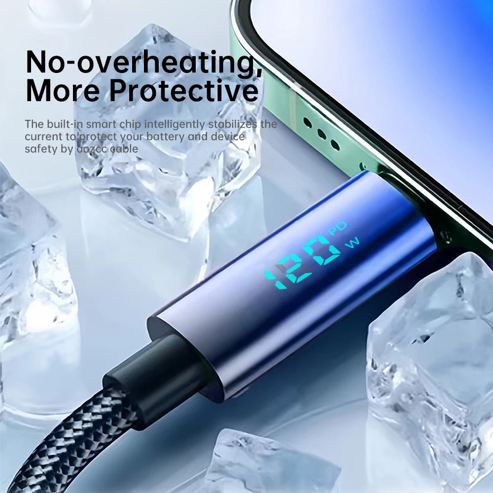 OOZCC Ultra-fast Super Charging Cable 120W LCD Watt Digital Display, Nylon Data Sync, for Samsung, Xiaomi, POCO, Tesla