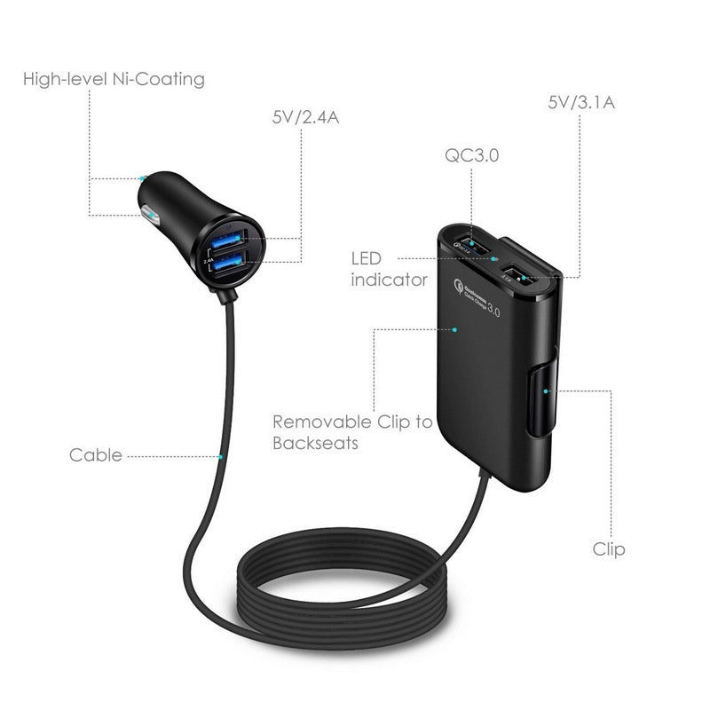 Universal 4 Ports USB Car Charger Front Seat Back Seat QC3.0 Quick Charging USB Adapter for Car Charger USB Fast Charger