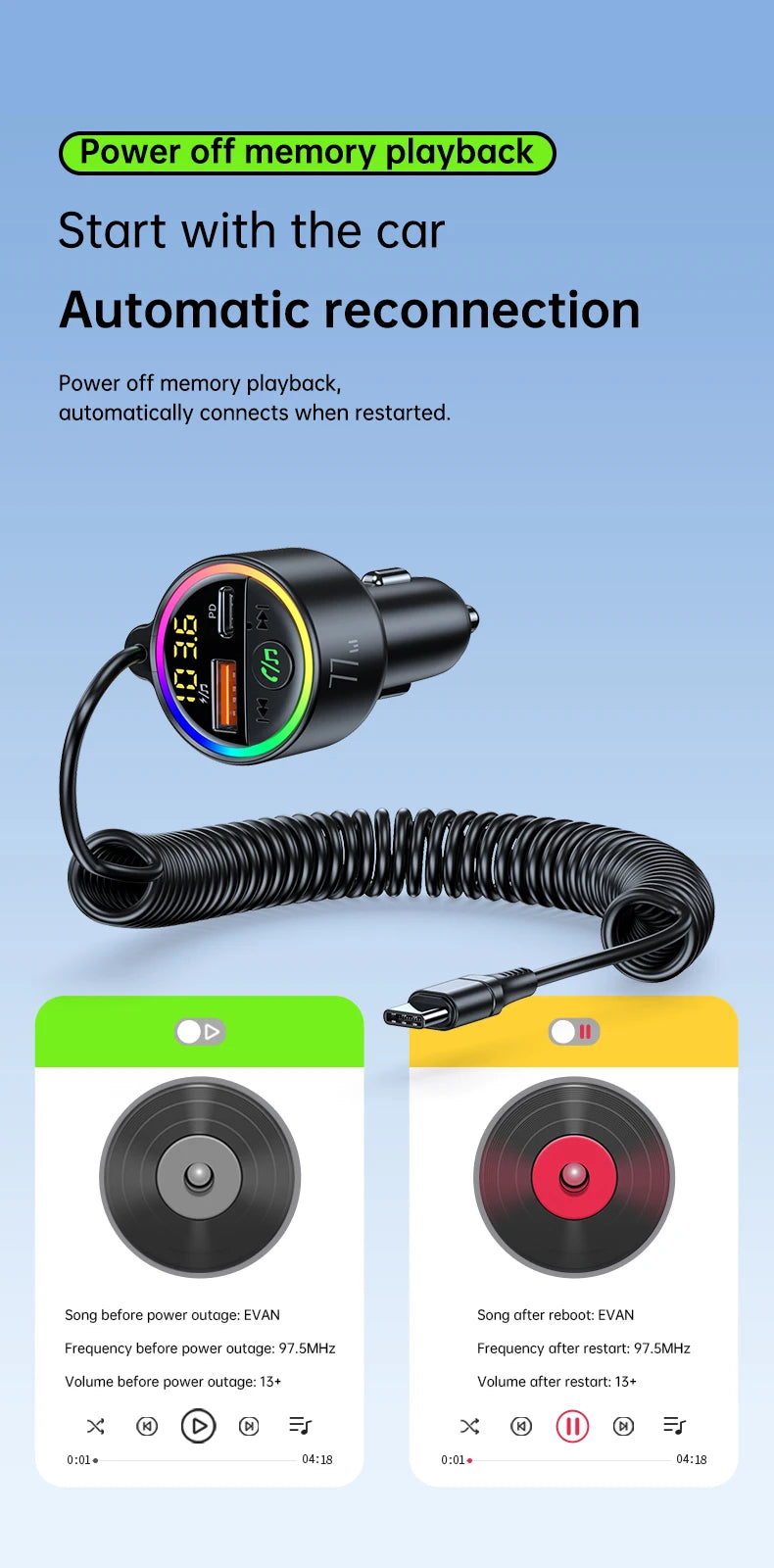 USB C 77W  Car Charger Super Fast Charging Bluetooth 5.4 Car Adapter  FM Transmitter for Car Support USB Play
