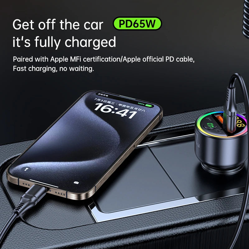 USB C 77W  Car Charger Super Fast Charging Bluetooth 5.4 Car Adapter  FM Transmitter for Car Support USB Play