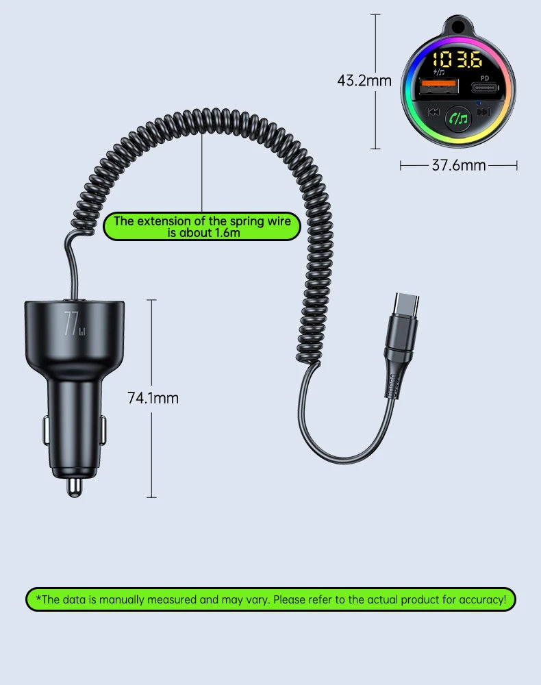USB C 77W  Car Charger Super Fast Charging Bluetooth 5.4 Car Adapter  FM Transmitter for Car Support USB Play