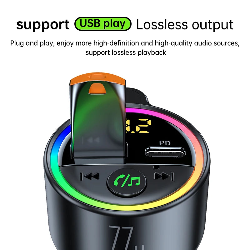 USB C 77W  Car Charger Super Fast Charging Bluetooth 5.4 Car Adapter  FM Transmitter for Car Support USB Play
