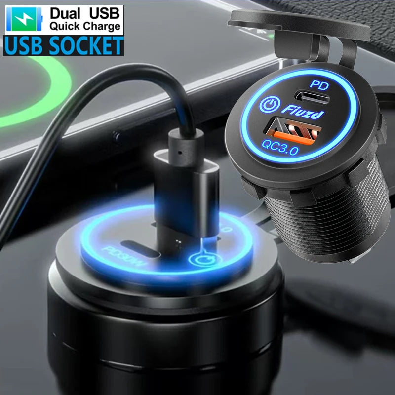 Built-in usb car usb outlet 3.0 socket 12V/24V Dual USB Socket PD3.0 and QC3.0 Car USB Port With LED Voltmeter and On/Off Switch