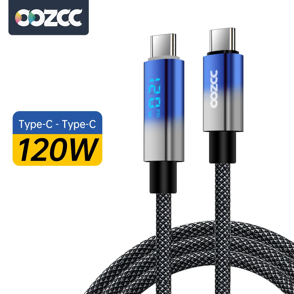 OOZCC Ultra-fast Super Charging Cable 120W LCD Watt Digital Display, Nylon Data Sync, for Samsung, Xiaomi, POCO, Tesla